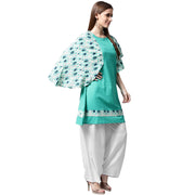 Blue printed flared sleeve cotton A-line kurta