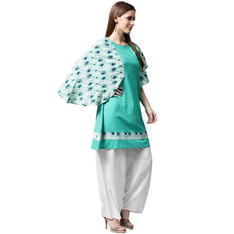 Blue printed flared sleeve cotton A-line kurta
