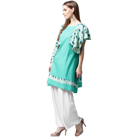 Blue printed flared sleeve cotton A-line kurta