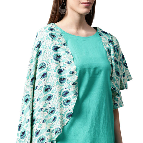 Blue printed flared sleeve cotton A-line kurta