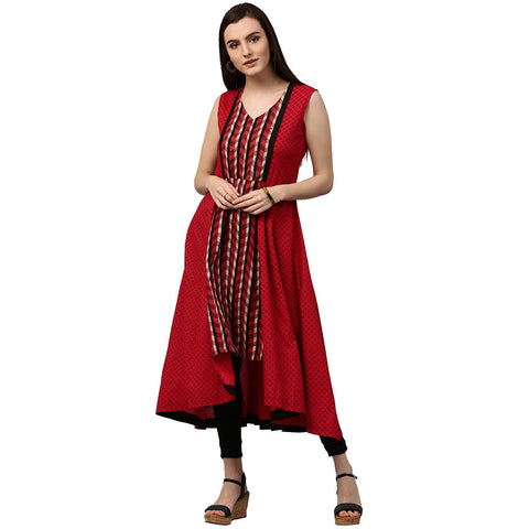 Maroon printed sleevless cotton Anarkali kurta