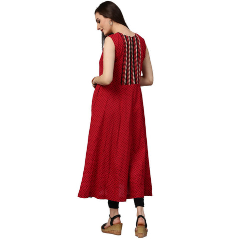 Maroon printed sleevless cotton Anarkali kurta