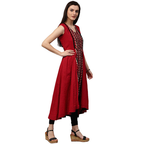 Maroon printed sleevless cotton Anarkali kurta