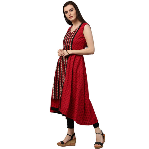 Maroon printed sleevless cotton Anarkali kurta