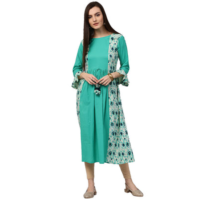 Blue printed 3/4th sleeve cotton long anarkali kurta