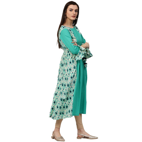 Blue printed 3/4th sleeve cotton long anarkali kurta