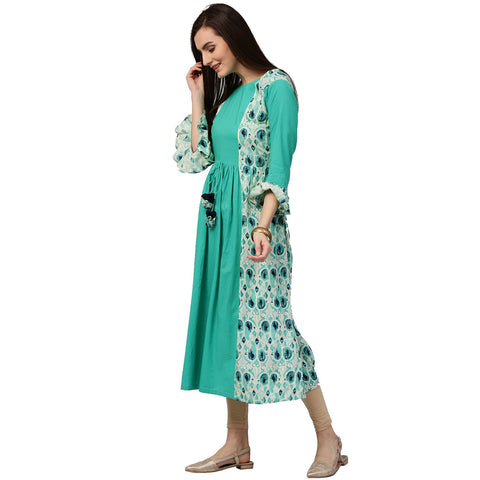 Blue printed 3/4th sleeve cotton long anarkali kurta
