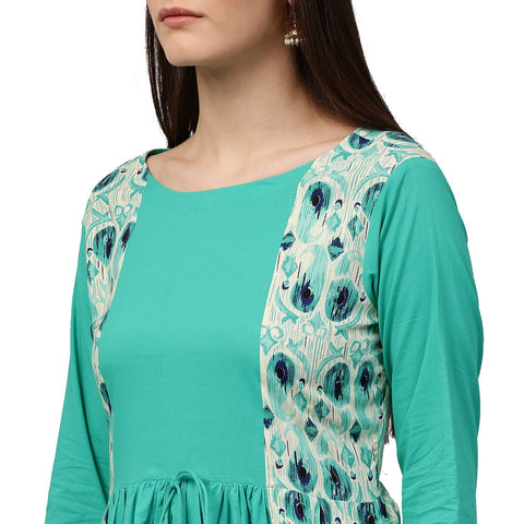 Blue printed 3/4th sleeve cotton long anarkali kurta