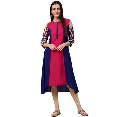 Blue & Pink 3/4th sleeve cotton kurta