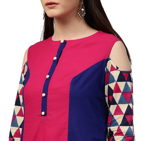 Blue & Pink 3/4th sleeve cotton kurta