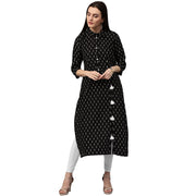 Black printed 3/4th sleeve cotton kurta with tussel work