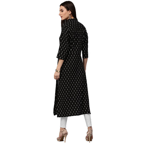 Black printed 3/4th sleeve cotton kurta with tussel work