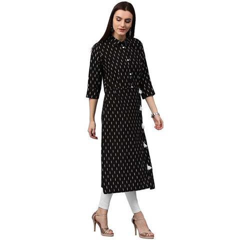 Black printed 3/4th sleeve cotton kurta with tussel work