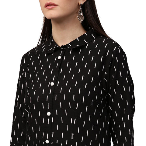 Black printed 3/4th sleeve cotton kurta with tussel work