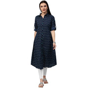 Blue printed 3/4th sleeve cotton A-line kurta