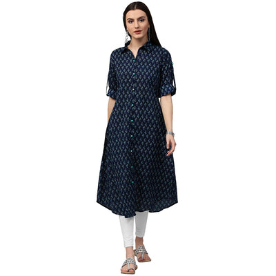 Blue printed 3/4th sleeve cotton A-line kurta