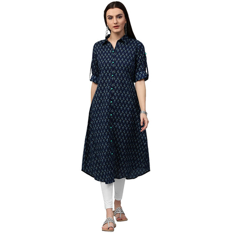 Blue printed 3/4th sleeve cotton A-line kurta