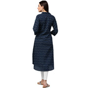 Blue printed 3/4th sleeve cotton A-line kurta