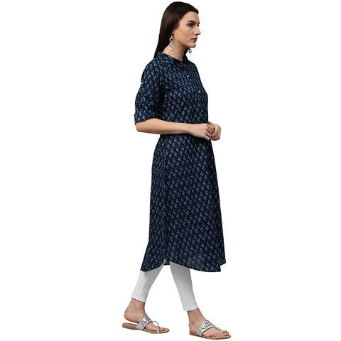 Blue printed 3/4th sleeve cotton A-line kurta