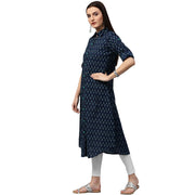 Blue printed 3/4th sleeve cotton A-line kurta