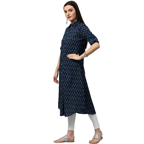 Blue printed 3/4th sleeve cotton A-line kurta