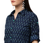 Blue printed 3/4th sleeve cotton A-line kurta
