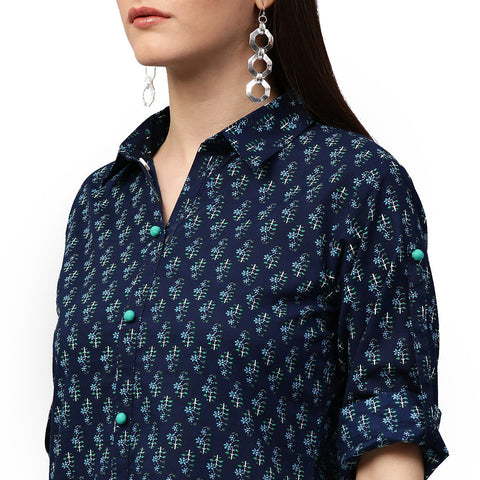 Blue printed 3/4th sleeve cotton A-line kurta
