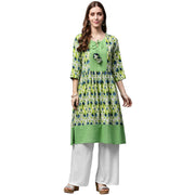 Green printed 3/4th sleeve Anarkali kurta with dori work at yoke