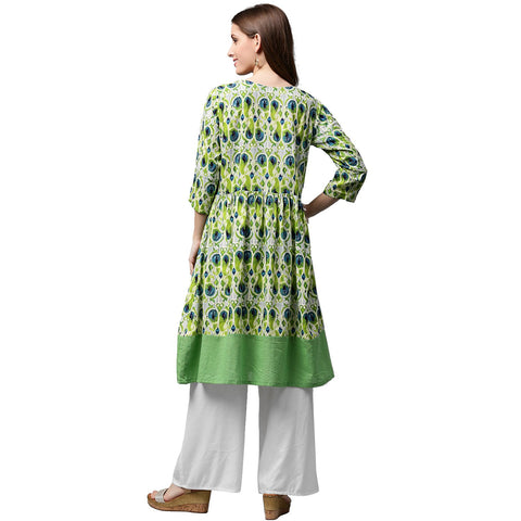 Green printed 3/4th sleeve Anarkali kurta with dori work at yoke