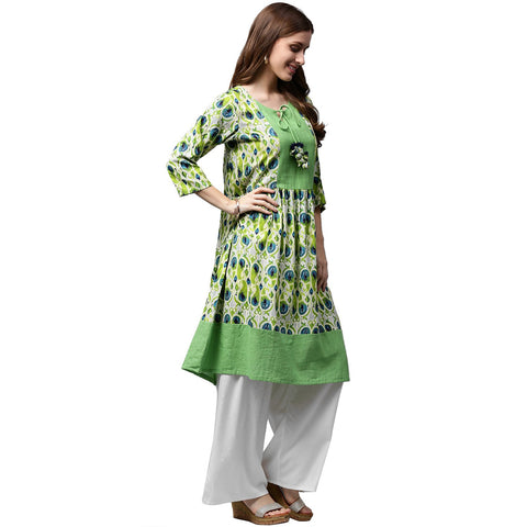 Green printed 3/4th sleeve Anarkali kurta with dori work at yoke