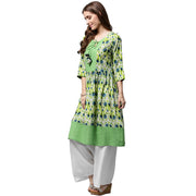 Green printed 3/4th sleeve Anarkali kurta with dori work at yoke