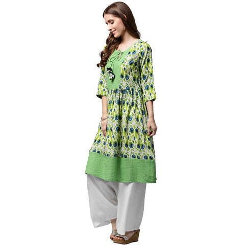 Green printed 3/4th sleeve Anarkali kurta with dori work at yoke