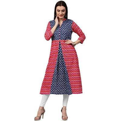 Red & Blue printed 3/4th sleeve cotton A-line kurta