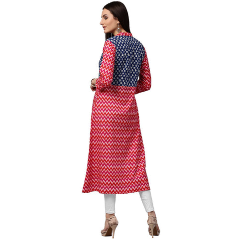 Red & Blue printed 3/4th sleeve cotton A-line kurta