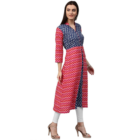 Red & Blue printed 3/4th sleeve cotton A-line kurta