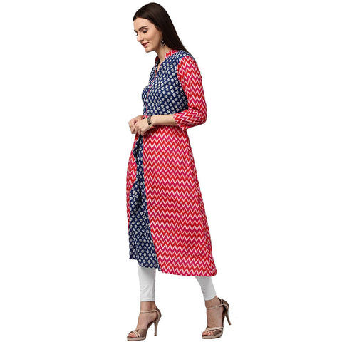 Red & Blue printed 3/4th sleeve cotton A-line kurta