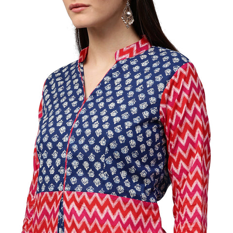 Red & Blue printed 3/4th sleeve cotton A-line kurta