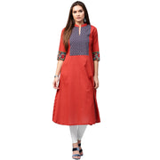Red 3/4th sleeve cotton A-line kurta with printed yoke