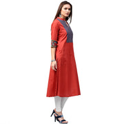 Red 3/4th sleeve cotton A-line kurta with printed yoke