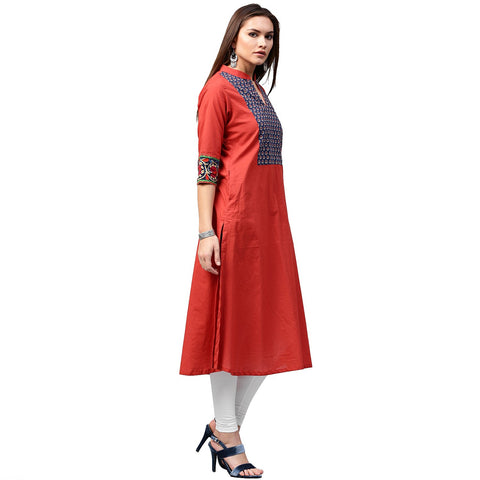 Red 3/4th sleeve cotton A-line kurta with printed yoke