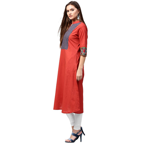 Red 3/4th sleeve cotton A-line kurta with printed yoke