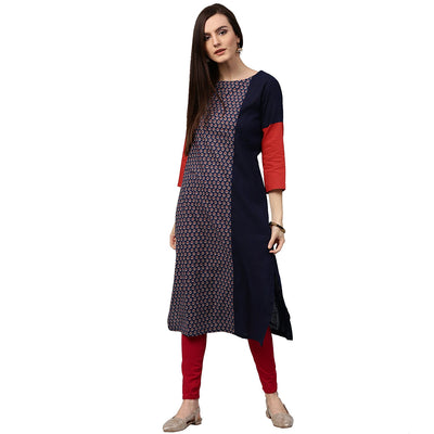 Blue printed 3/4th sleeve long cotton kurta