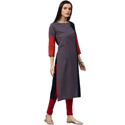 Blue printed 3/4th sleeve long cotton kurta