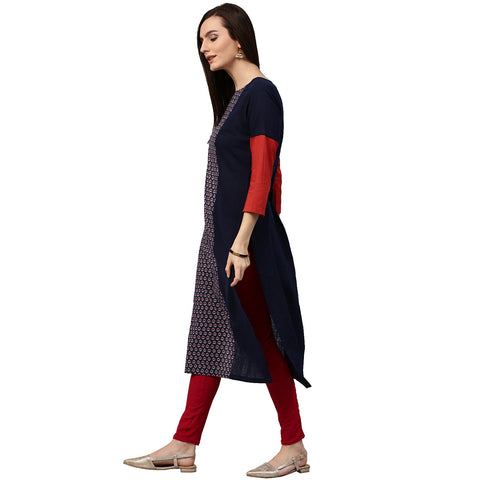 Blue printed 3/4th sleeve long cotton kurta