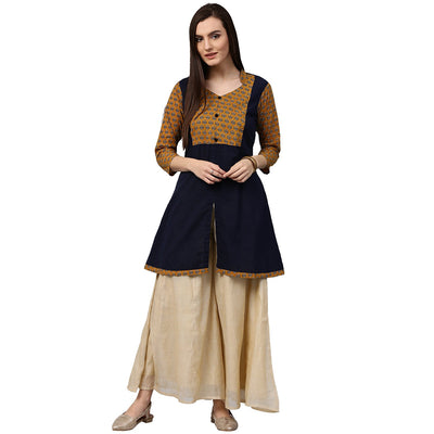 Blue & yellow printed 3/4th sleeve cotton Short A-line kurta