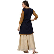 Blue & yellow printed 3/4th sleeve cotton Short A-line kurta