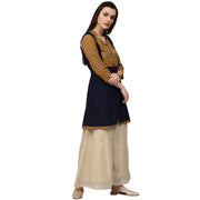 Blue & yellow printed 3/4th sleeve cotton Short A-line kurta