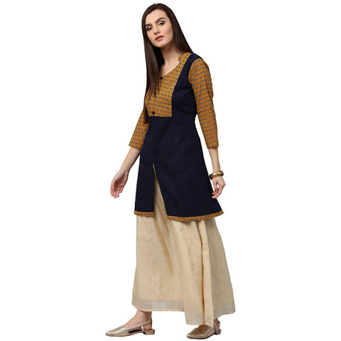 Blue & yellow printed 3/4th sleeve cotton Short A-line kurta