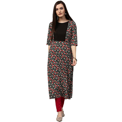 Green printed 3/4th sleeve cotton A-line kurta