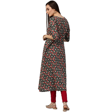 Green printed 3/4th sleeve cotton A-line kurta